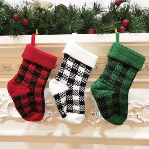 Calza Di Natale In Maglia Quadri Buffalo Decorazione Da Appendere Per Camino Ornamento Festivo