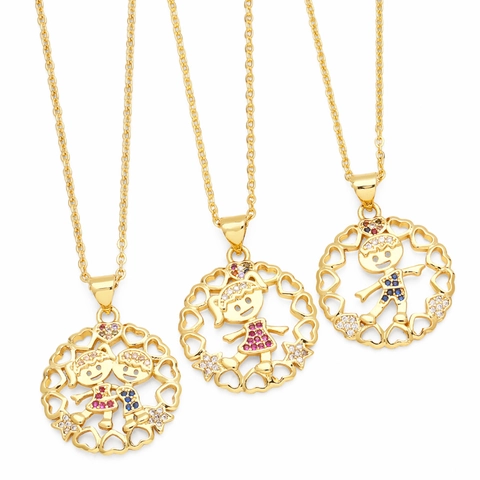 Collana Con Ciondolo Cartone Animato Bambino Bambina Rame Placcato Oro Cuore Traforato Intarsio Zirconi Colorati Gioielli Donna