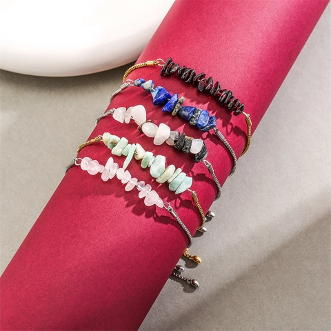 Natural Stone Gravel Adjustable Bracelet Stainless Steel Box Chain Slide Clasp Minimalist Jewelry For Women