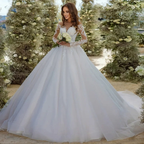 Robe De Mariée Élégante À Manches Longues En Dentelle Col V Robe De Bal En Tulle Avec Traîne Appliques Florales Pour Femmes