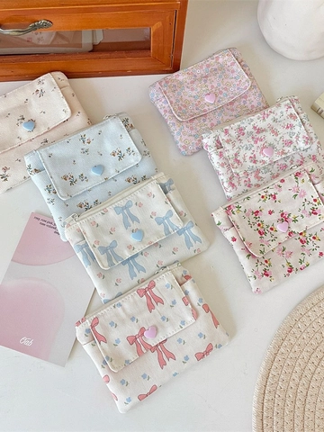 Floral Print Coin Purse Polyester Canvas Texture Heart Snap Button Small Zip Card Holder Sweet Korean Style For Women