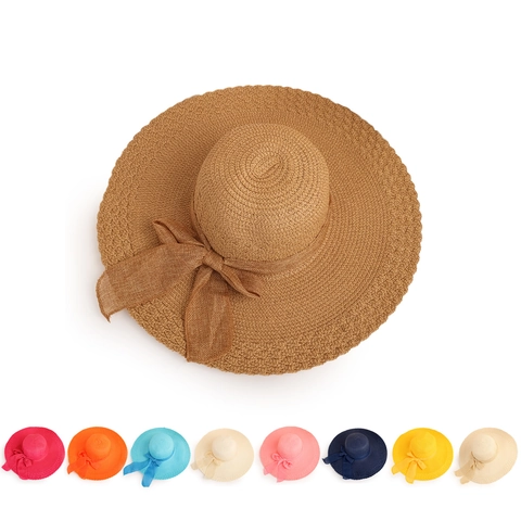 Women Wide Brim Straw Sun Hat With Large Bowknot Solid Color Summer Beach Travel Paper Straw Cap