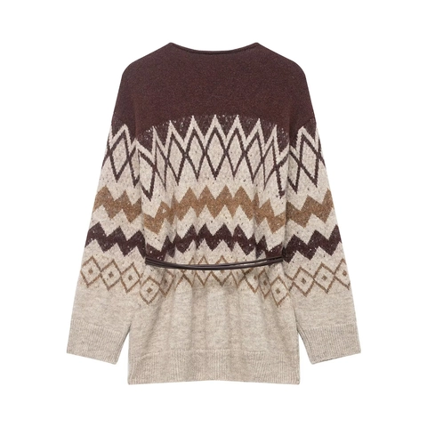 Cardigan In Maglia Da Donna Scollo A V Jacquard Geometrico Manica Lunga Con Bottoni E Cintura Retro