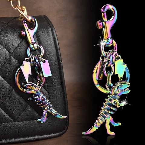Cool Dinosaur Skeleton Keychain Alloy Rainbow Gold Silver Plated Bag Charm Creative Retro Dino Bone Key Ring For Women Men