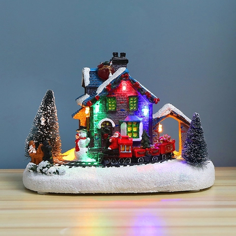 Casa Luminosa Di Natale Paesaggio Miniatura Ornamento Resina Casa Di Neve Treno Babbo Natale Pupazzo Di Neve Decoro