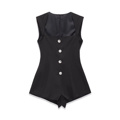 Sleeveless Romper Women Square Neck Jumpsuit With Rhinestone Buttons Slim Fit Elegant Short Playsuit Polyester