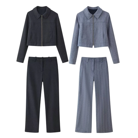 Women Fashion Herringbone Zipper Jacket And High Waist Wide Leg Trousers Streetwear Casual Apparel