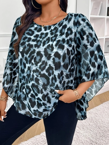 Blusa De Gasa De Talla Grande Para Mujer Estampado Leopardo Manga Murciélago Cuello Redondo Informal Elegante