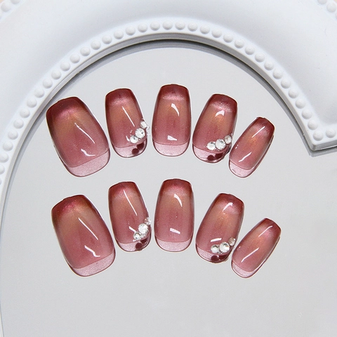Handgefertigte Cat Eye Press On Nägel Mit Strasssteinen Französischer Stil Quadratisch Rund Künstliche Nageltipps