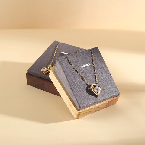 Solid Wood Necklace Display Stand Beveled Jewelry Pendant Holder Countertop Organizer Velvet PU Leather Showcase