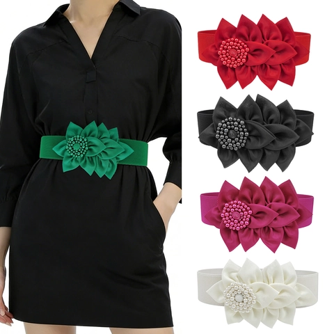Cintura Elastica Larga Da Donna Elegante Decorazione Con Fiori In Tessuto Con Imitazione Perla Artificial Chiusura A Pressione Accessorio