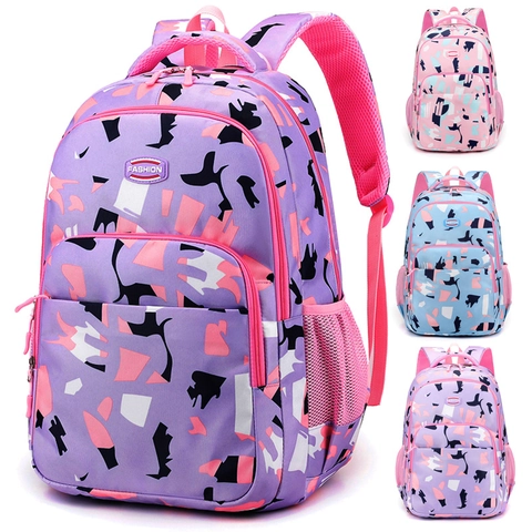 Kids School Backpack For Girls Waterproof Oxford Cloth Lightweight Large Capacity Geometric Print Ergonomic Student Rucksack