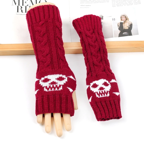 Skull Pattern Fingerless Gloves Punk Style Knit Arm Warmers For Women Men Halloween Thermal Acrylic Hand Sleeves