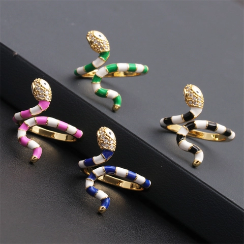 Vintage Schlange Offener Ring Kupfer Vergoldet Bunte Emaille Zirkon Eingelegt Tierform Verstellbarer Schmuck Damen