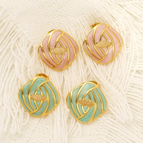 Vintage Geometric Rhombus Stud Earrings 304 Stainless Steel 18K Gold Plated Enamel Drip Glaze For Women Retro Fashion