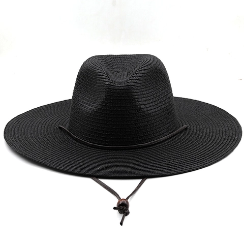Wide Brim Straw Panama Hat Sun Protection Fedora With Adjustable Windproof Rope Western Cowboy Style Summer Beach Hat