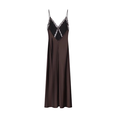 Damen Satin Midi Kleid Spitze Besatz Spaghettiträger Tiefer V Ausschnitt Satinntextur Rückenfrei Elegant Party Kleid