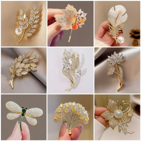 Elegant Alloy Rhinestone Artificial Pearl Enamel Brooch Pin Vintage Floral Leaf Animal Shape Suit Coat Jewelry For Women