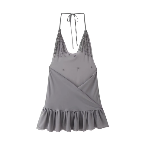 Dames Casual Halter Rugloos Mini Jurk Grijs Mouwloos Ruffle Zoom Jurk Met Schelpknoop Decor Vakantiestijl Zomer Kort A-Lijn Jurk