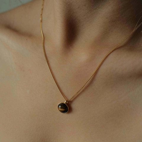 Collana Con Pendente In Pietra Preziosa Ovale Vintage Placcata Oro 18K Occhio Di Tigre Agata Smeraldo Gioielli Minimalisti
