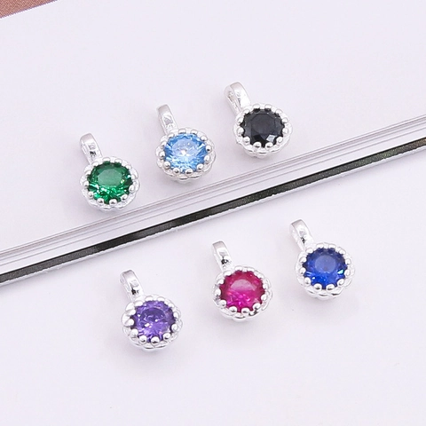 925 Sterling Silver Colorful Mini Round Cubic Zirconia Pendant Charm For DIY Jewelry Making Accessories