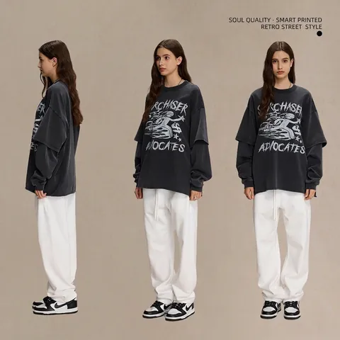 Ανδρικό Vintage Πλυμένο Βαμβακερό Μακρυμάνικο T-Shirt Layered Look Streetwear Στρογγυλή Λαιμόκοψη Distressed Print Oversized Top