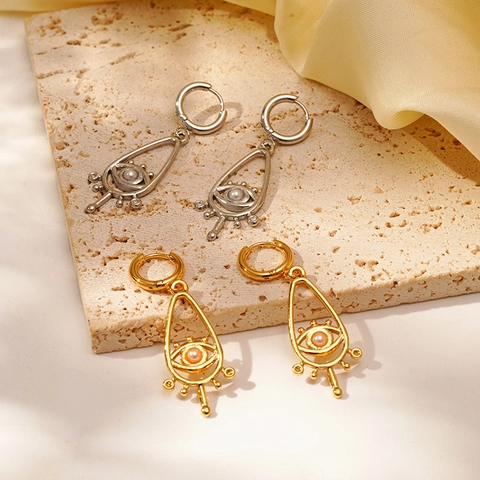 Evil Eye Pendant Earrings Stainless Steel 18K Gold Plated Retro Geometric Jewelry With Artificial Pearl Rhinestone For Women