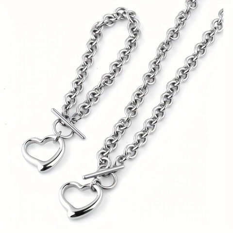Collana Bracciale In Acciaio Inossidabile Con Pendente A Cuore Cavo Gioielli Catena Rolo Con Chiusura A T-Bar Lucidato Minimalista Donne