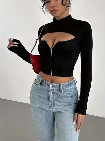 Women Long Sleeve Crop Top High Neck Cut Out Chest Zipper Slim Fit Sexy Streetwear Clubwear Solid Black Elastic Milk Satin