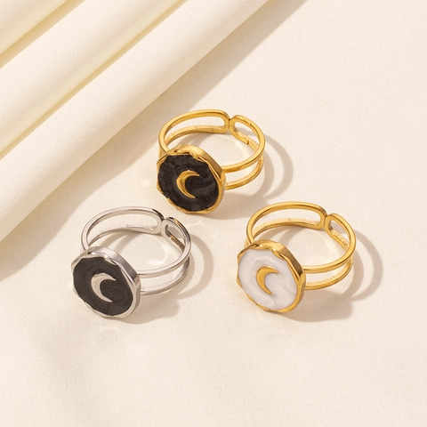 Crescent Moon Ring 304 Stainless Steel Enamel Adjustable Open Design Vintage Bohemian Jewelry For Women