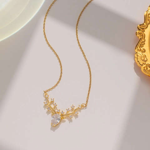 Collana Con Pendente A Corna Di Alce Acciaio Inossidabile Dorato Zirconia Corno Di Cervo Catena Clavicola Gioielli Donna