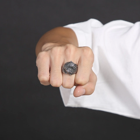 Double Wolf Head Ring Vintage Titanium Steel Nordic Viking Punk Style Jewelry For Men