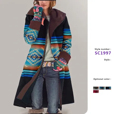 Manteau en Laine Long Imprimé Géométrique Vintage pour Femmes Veste Coupe-vent à Capuche Épaisse Hiver Manches Longues Top