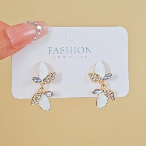 Orecchini a Bottone a Foglia con Strass in Stile Francese Elegante Smalto Bianco a Forma di Foglia Gioielli per Donna