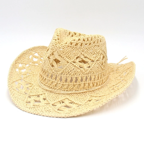 Chapeau de Cowboy en Paille Tressé à la Main Pour Femmes Hommes Ajouré Respirant Large Bord Western Fedora Chapeau de Soleil de Plage