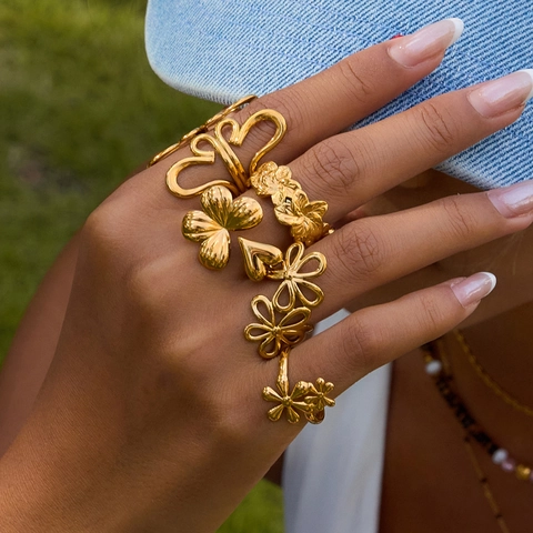 18K Gold Plated Stainless Steel Flower Ginkgo Leaf Butterfly Heart Open Ring Adjustable Fashion Jewelry Women