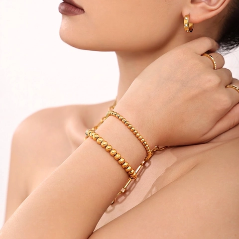 Bracciale in Acciaio Inossidabile con Perle Galvanica PVD per Donna Oro Minimalista Lucido con Sfere Tonde Regolabile Gioielli