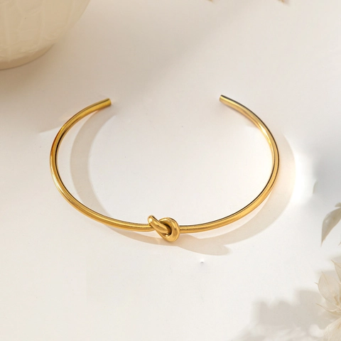 Minimalist Stainless Steel Open Cuff Bangle For Women 18K Gold Plated Knot Bamboo Wheat Twist Pattern Elegant Fashion Jewelry