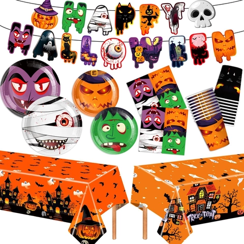 Halloween Partygeschirr Pappteller Becher Servietten Banner Tischdecke Kunststoff Besteck Cartoon Horror Geburtstag Dekoration Bedarf