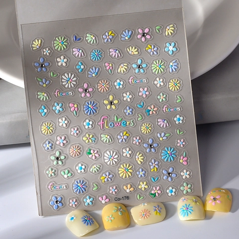 5D Relief Nagelaufkleber Blumen Gänseblümchen Macaron Farben Wasserdicht Selbstklebend Maniküre Dekoration Für Damen