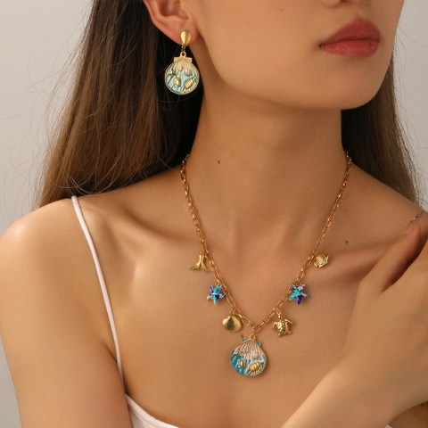 Gioielli Oceano Collana E Orecchini Per Donne Acciaio Inossidabile Smalto Blu Conchiglia Stella Marina Tartaruga Marina