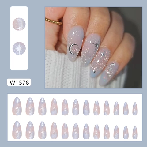 Press On Nagels Plastic Kattenoog Effect Ster Maan Ontwerp Gradiënt Paars Blauw Glitter Amandelvorm Glanzend Voor Vrouwen