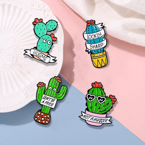 Cartoon Kaktus Emaille Pin Set Legierung Tropföl Brosche Süße Pflanze Abzeichen Mit Slogan Für Rucksäcke Jacken Kleidung