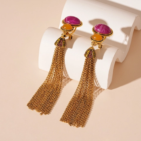 Pendientes Largos De Gota Con Pedrería Ovalada Vintage Con Poste De Plata Cadena De Borlas De Contraste Para Mujeres