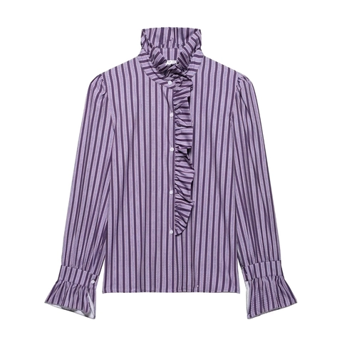 Women Long Sleeve Blouse Polyester Ruffle High Neck Elegant Striped Plaid Single Breasted Shirt French Vintage Style