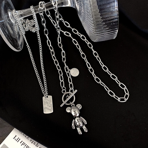 Collana Doppio Strato Con Ciondolo Metallo Legato Geometrico Orsetto Faccina Sorridente Astronauta Cuore Gioielli Donna