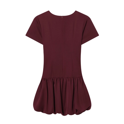 Women Short Sleeve Mini Dress Wine Red Ruched High Waist Bubble Hem Polyester Crew Neck Back Zipper Fashion Sexy