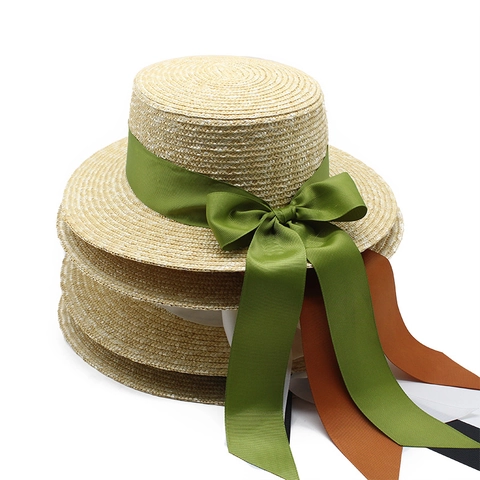 Women French Vintage Wheat Straw Boater Hat Wide Brim Sun Protection Beach Vacation Elegant Ribbon Bow Streamers