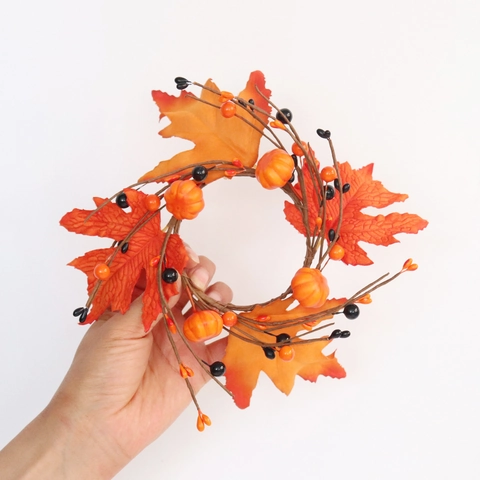 Anello Candela Zucca Foglia Acero Artificiale Decorazione Festa Halloween Ringraziamento Raso Schiuma Bacche Autunno