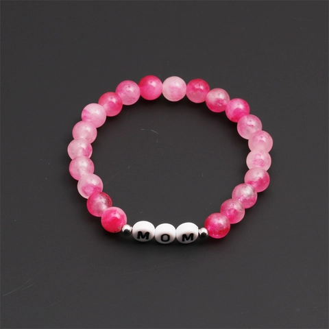 Bracciale Di Perline In Pietra Naturale Rosa Con Perline Lettere MOM Bianche E Distanziatori In Metallo Argentato Regalo Festa Della Mamma